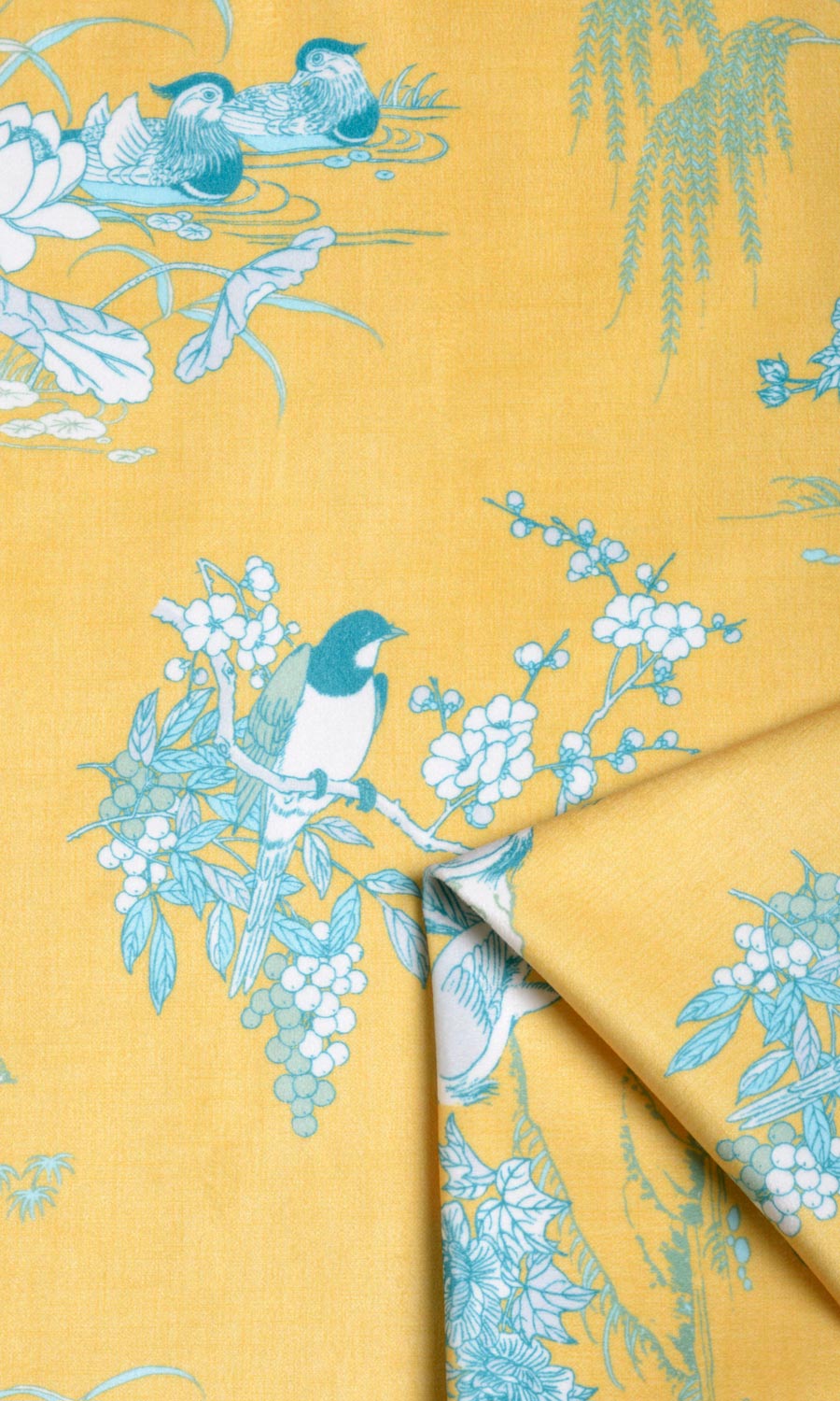 Chinoiserie Toile Velvet Fabric Material By the Metre (Yellow)