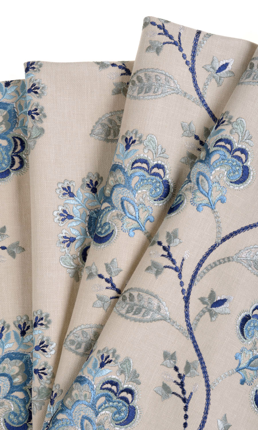 Floral Embroidered Cotton Home Textile Fabric Material Sample (Beige/ Blue)