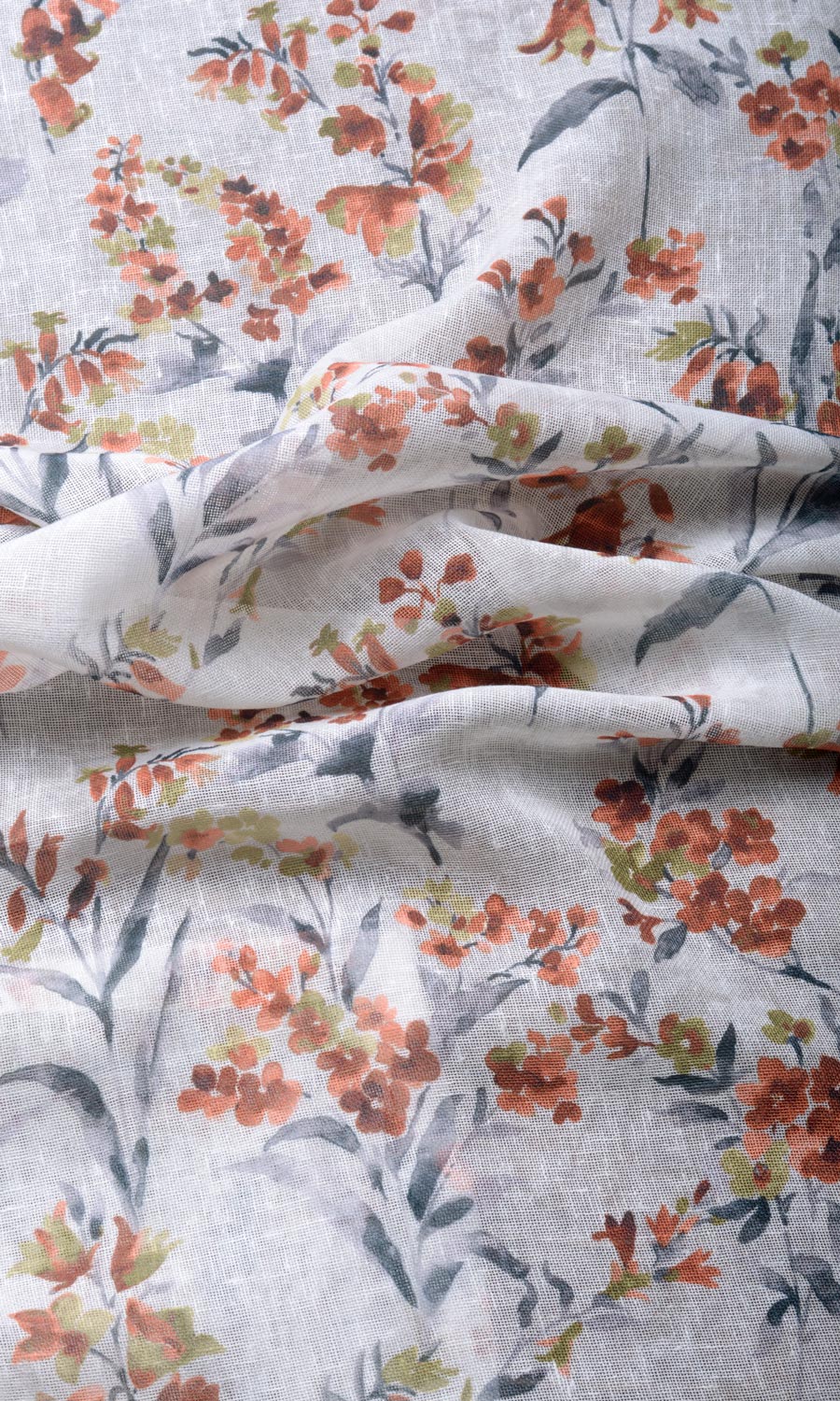 Floral Print Sheer Home Textile Fabric Material Sample (White/ Orange)