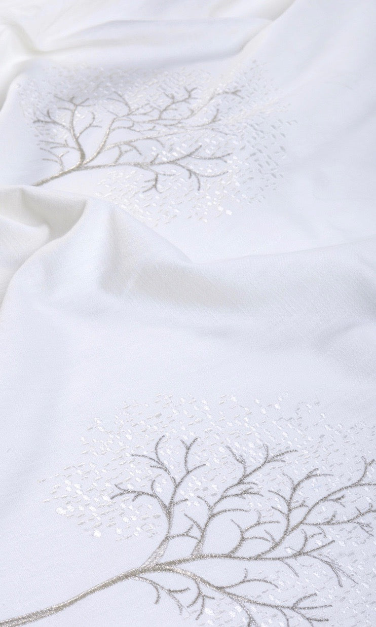 Embroidery Patterned Fabric Sample for Curtains & Drapes (Pure White/ Gray)