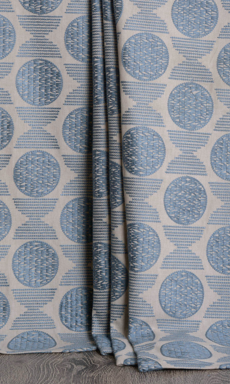 Embroidered Cotton Window Treatments Fabric Sample (Beige/ Steel Blue)
