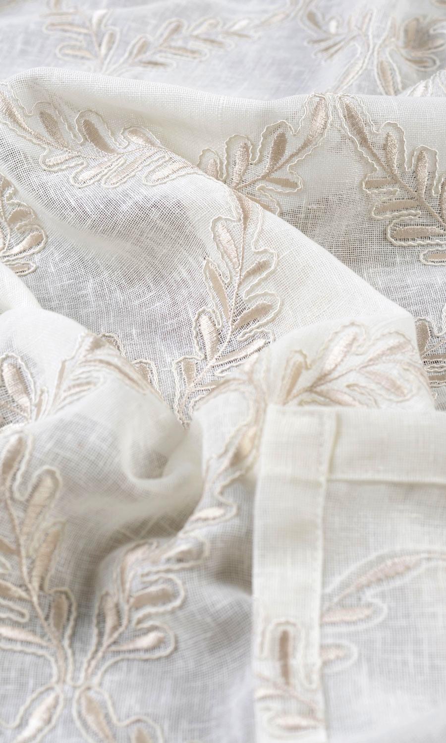 Sheer Floral Embroidered Home Textile Fabric Material By the Metre (White/ Beige)