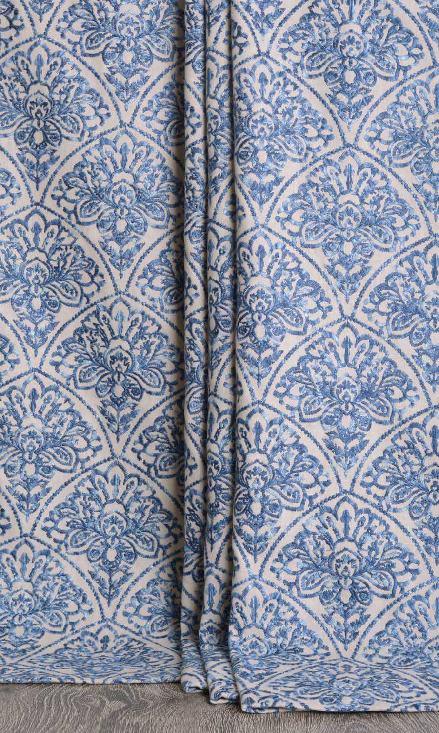 Embroidered Window Treatments Fabric Sample (Pale Beige/ Ink Blue)