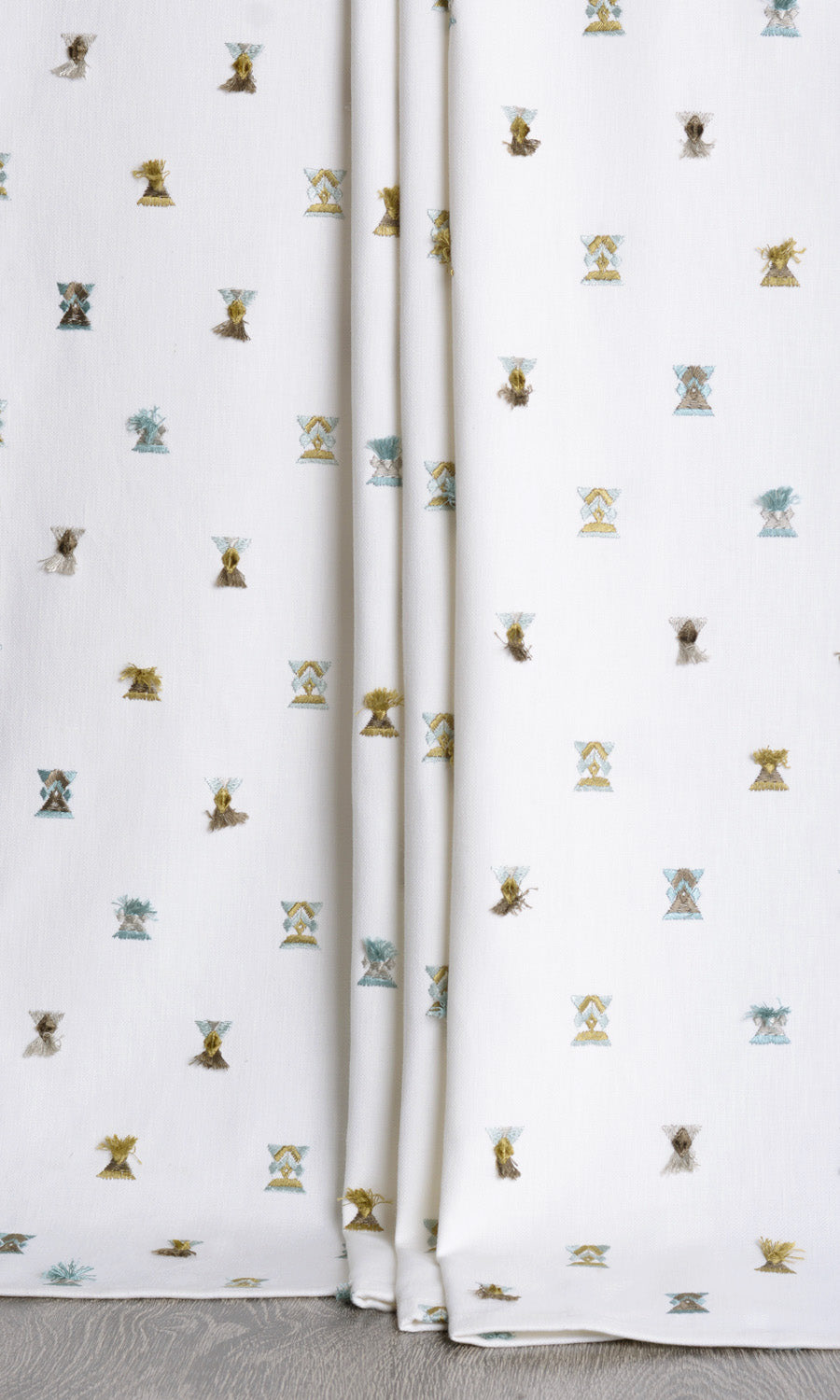 Embroidered Window Treatments Fabric Sample (Green/ Blue/ White)