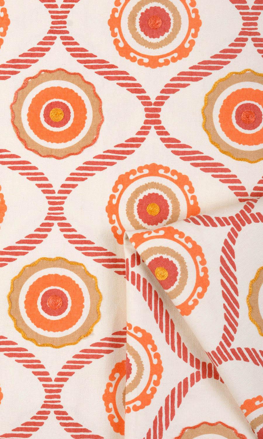 Printed Cotton Fabric By the Metre for Curtains & Drapes (Red/ Orange/ White)