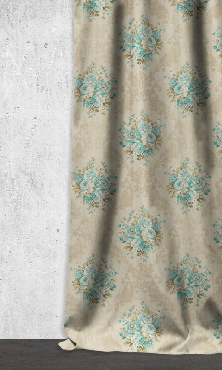 Floral Dimout Home Décor Fabric By the Metre (Blue/ Ivory)