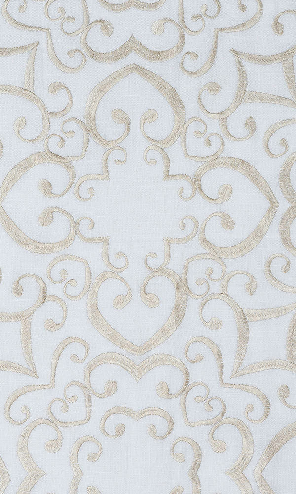 Floral Embroidered Linen Home Décor Fabric Sample (White/ Ivory)