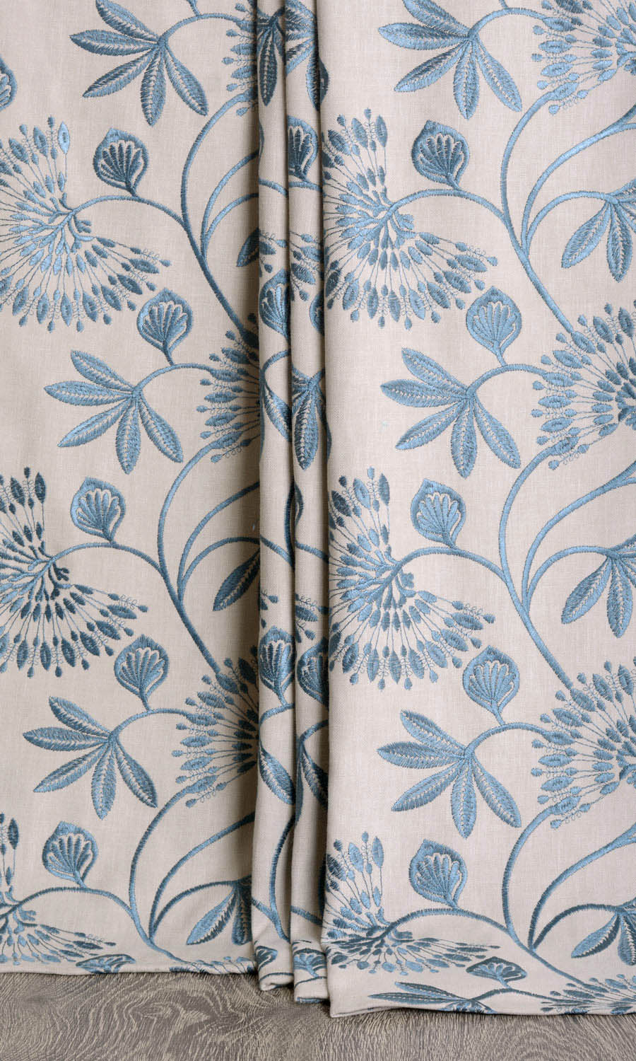 Vine Embroidered Window Treatments Fabric By the Metre (Pale Beige/ Ocean Blue)