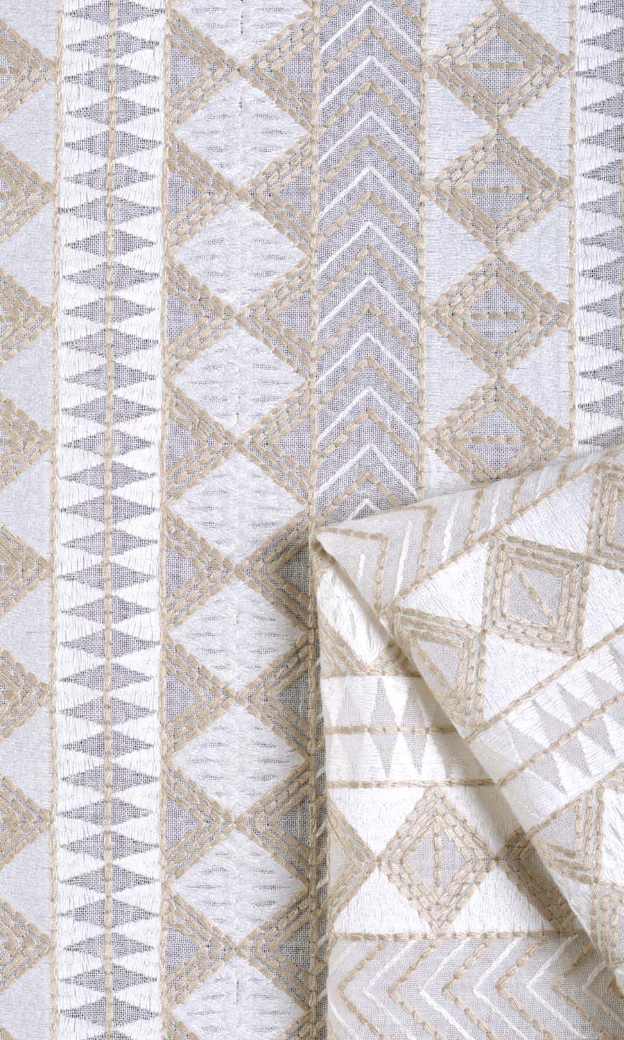 Geometric Patterned Sheer Free Fabric Material Sample (White/ Beige)