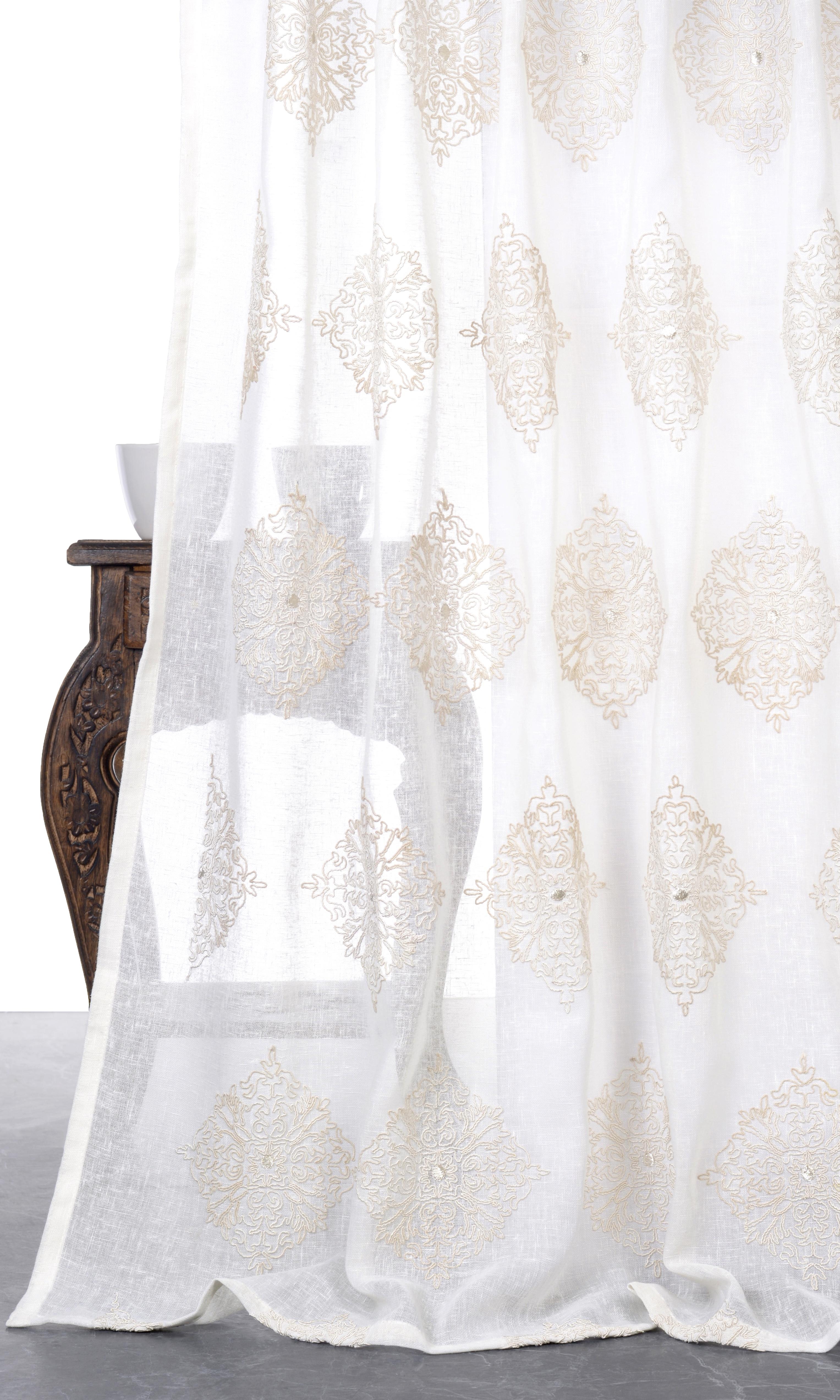 Sheer Floral Embroidered Home Décor Fabric By the Metre (White/ Cream)