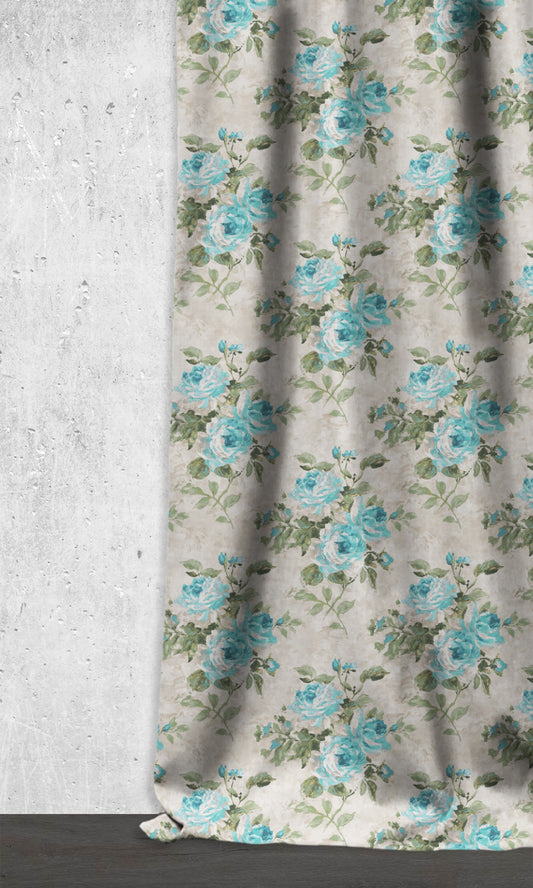 Floral Dimout Home Décor Fabric Sample (Blue/ White/ Green)