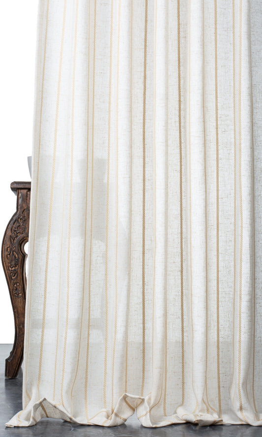 Striped Sheer Home Décor Fabric Sample (White/ Mustard Beige)