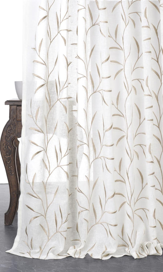 Sheer Floral Embroidered Drapes (White/ Brown)