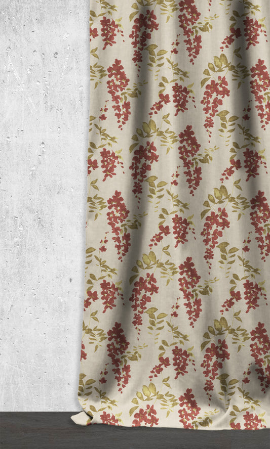 Dimout Floral Drapes (Red/ Green/ Pale Grey)