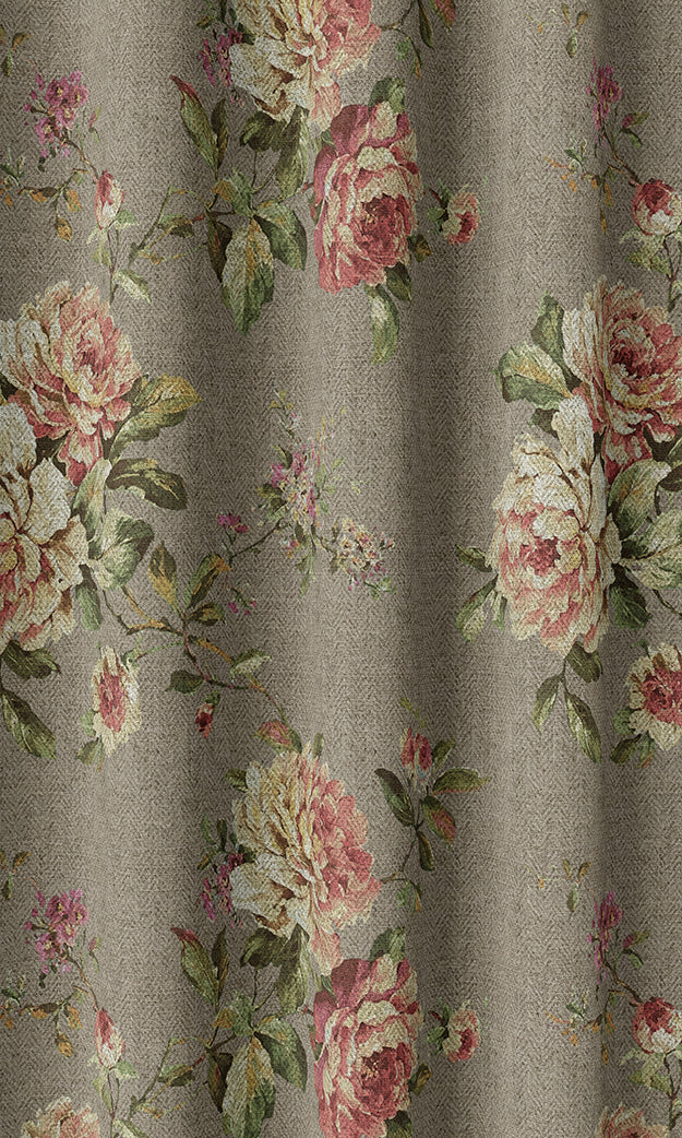 Floral Country Home Textile Fabric Material By the Metre (Grey/ Green/ Pink)