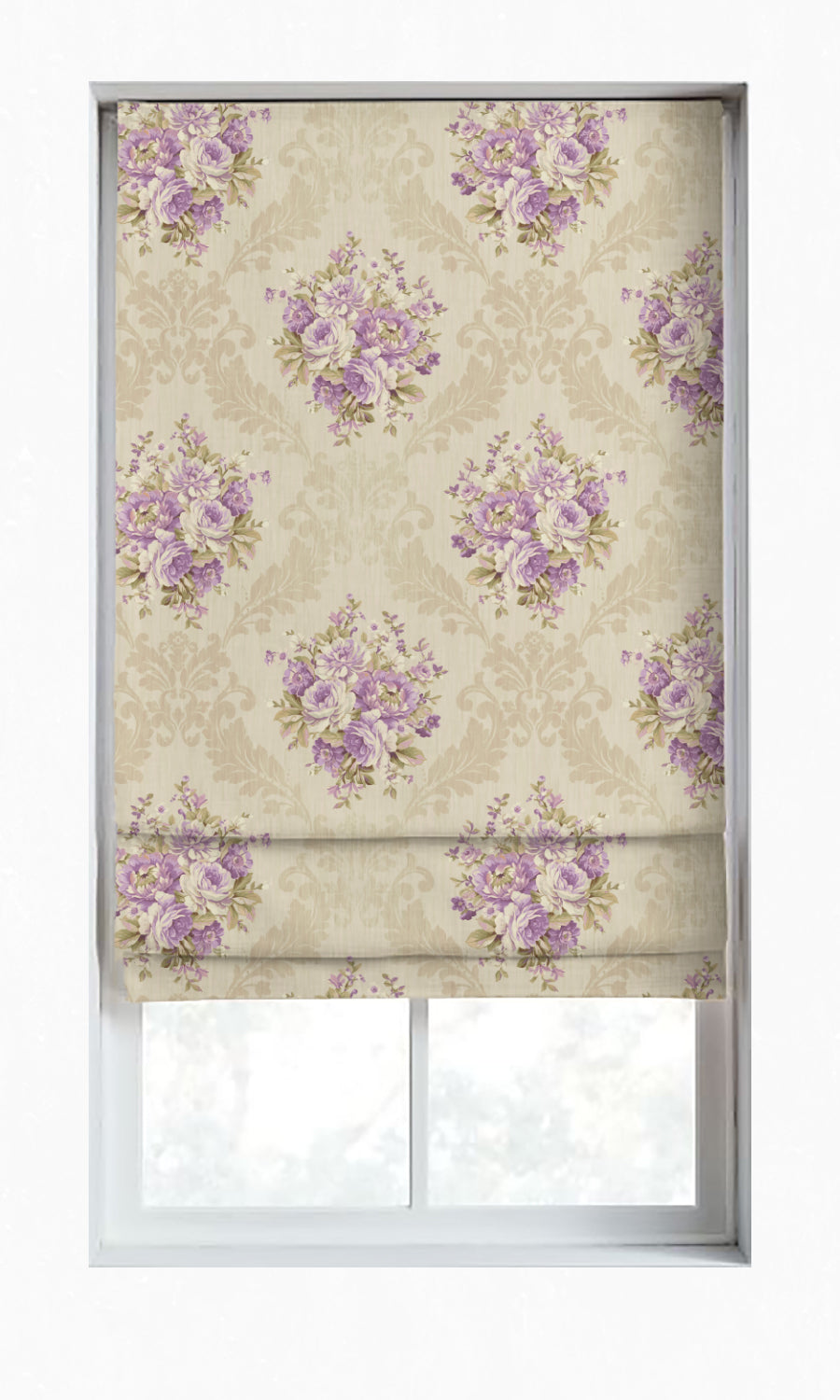 Dimout Floral Window Treatments Fabric By the Metre (Purple/ Ivory/ Grey)