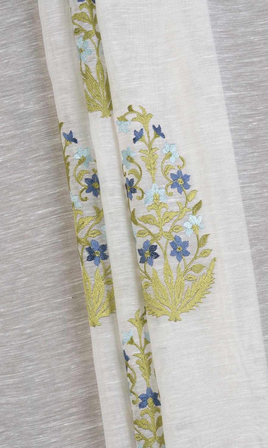 Sheer Floral Paisley Window Treatments Fabric By the Metre (White/ Green/ Blue)