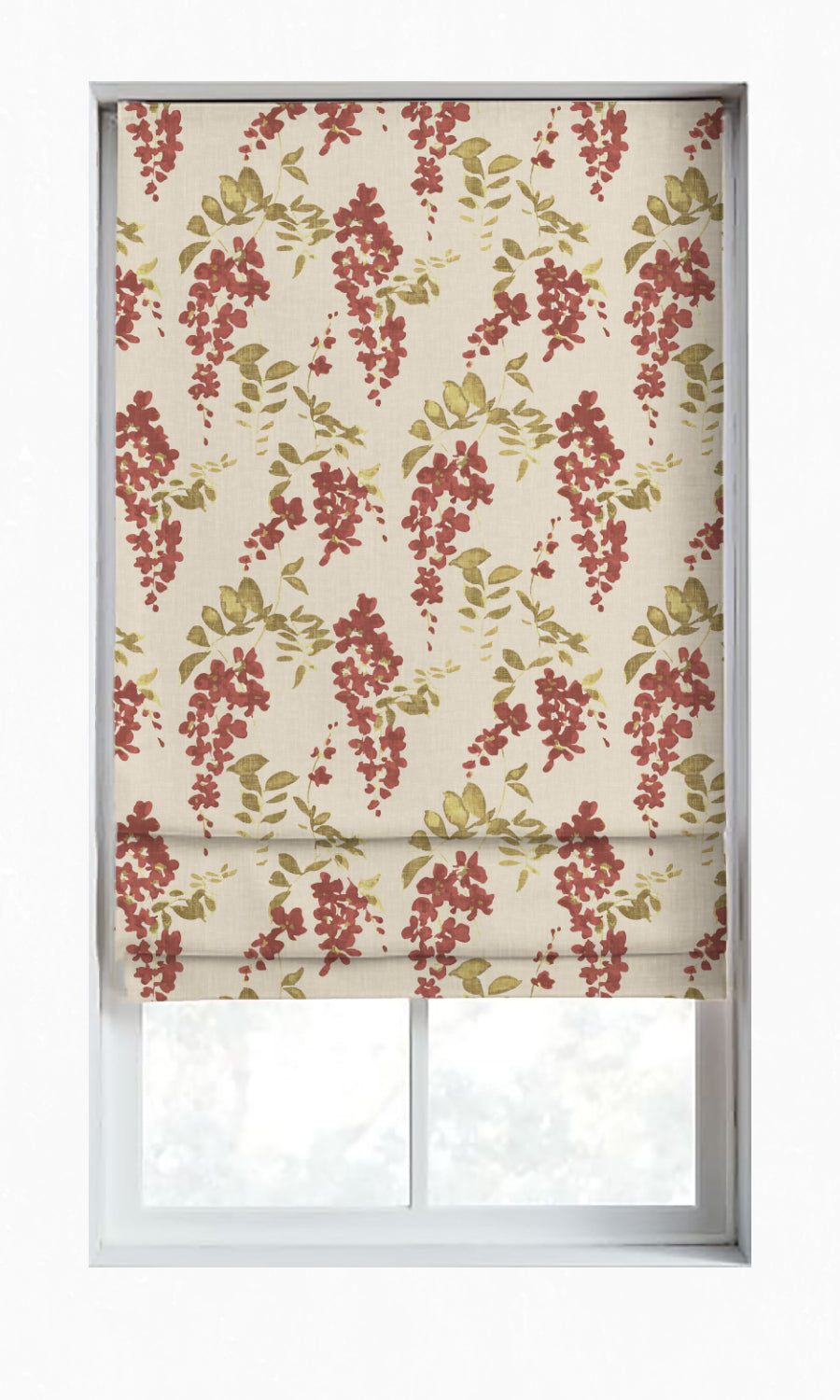 Dimout Floral Window Treatments Fabric By the Metre (Red/ Green/ Pale Grey)