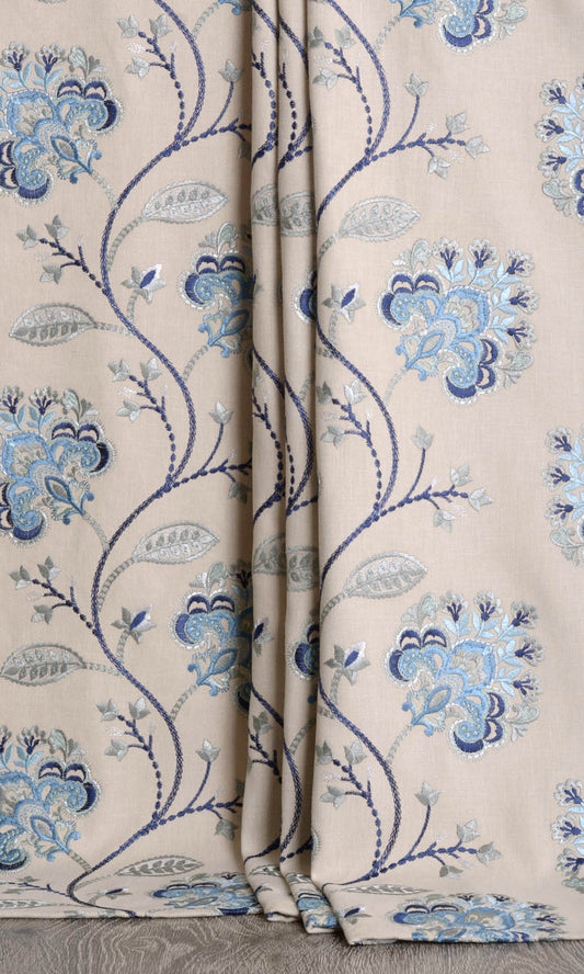 Floral Embroidered Cotton Drapes (Beige/ Blue)