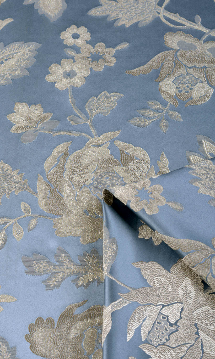 Floral Faux Silk Home Textile Fabric Material By the Metre (Indigo Blue/ Greige)