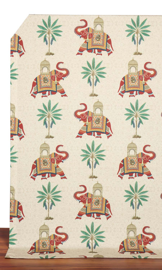 Elephant Print Cotton Home Décor Fabric By the Metre (Ivory/ Red/ Green)